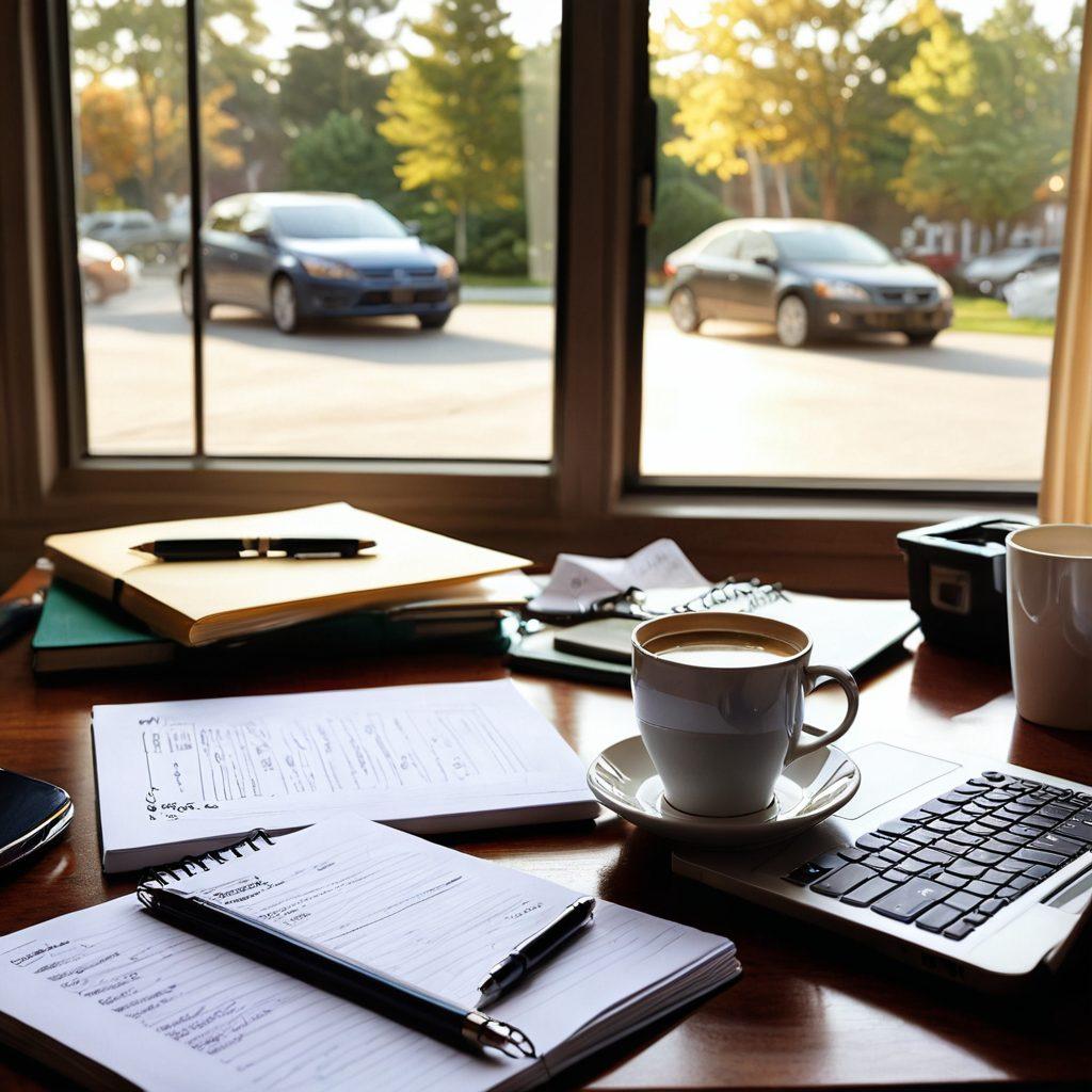 A cozy living room with a laptop displaying a car insurance webpage, surrounded by a cup of coffee and a notepad filled with notes. In the background, a car can be seen parked outside a window reflecting the sun. Theres a calculator and car keys on the table, symbolizing financial planning. Soft, inviting lighting creates a relaxed atmosphere. super-realistic. vibrant colors. warm tones.