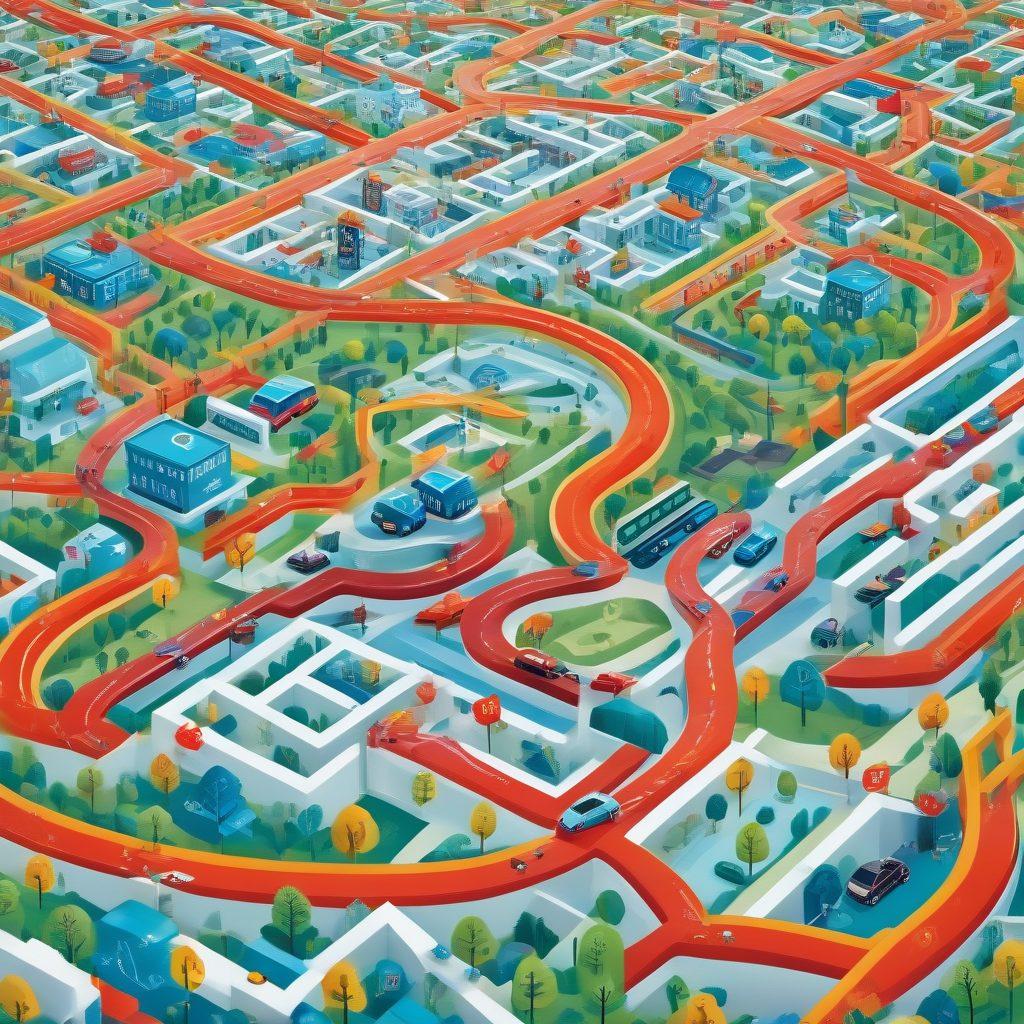 A detailed maze consisting of various vehicle icons like cars, trucks, and motorcycles, each leading to different protective shield symbols representing insurance plans. Bright arrows navigate through the maze, illustrating various rates with percentage signs. In the background, a subtle cityscape fades into the distance, symbolizing the journey of finding the right plan. Include a mix of vivid colors to enhance visual clarity and attract attention. Vector art style.