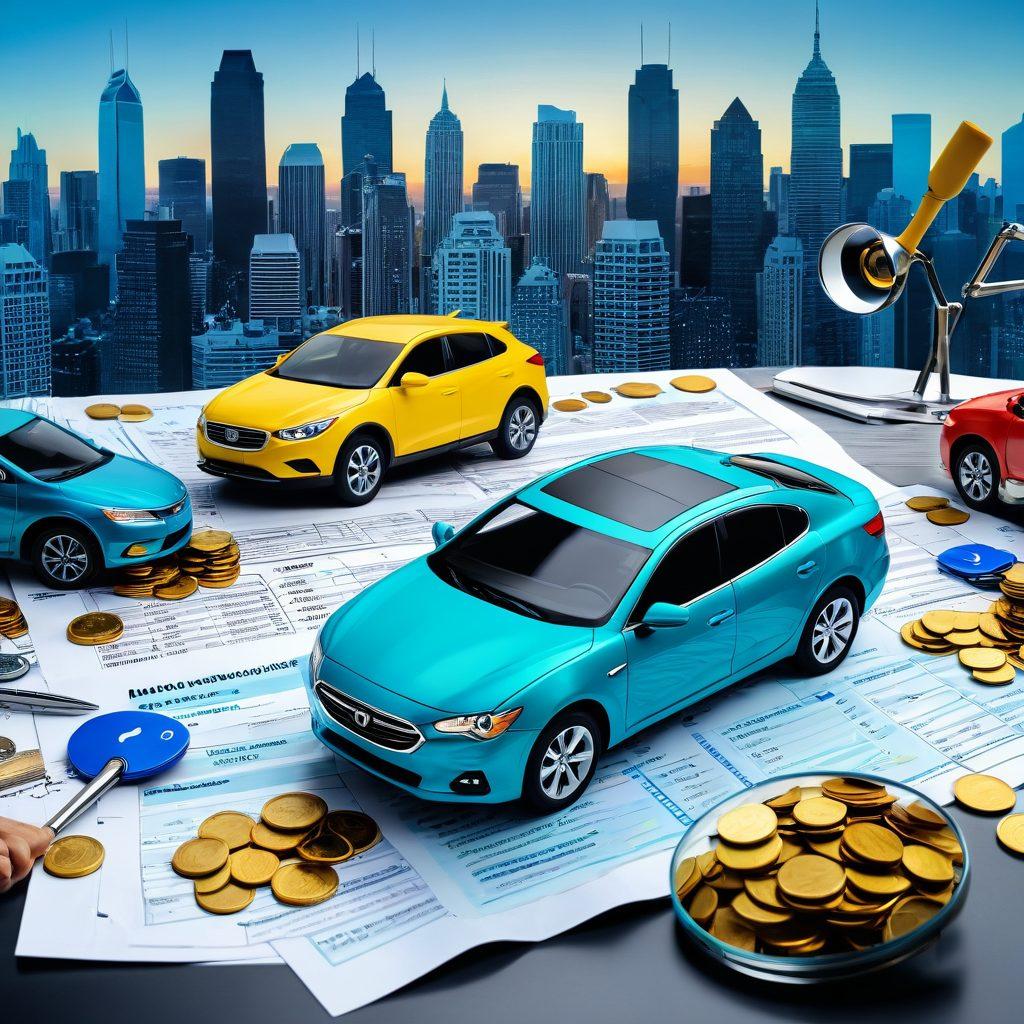 A collage depicting various auto insurance symbols: a magnifying glass over a car, coins being counted, and a person reviewing policies while sitting at a desk; the background shows a city skyline with traffic to represent vehicles. The color scheme should be vibrant and engaging to attract attention. super-realistic. vibrant colors.